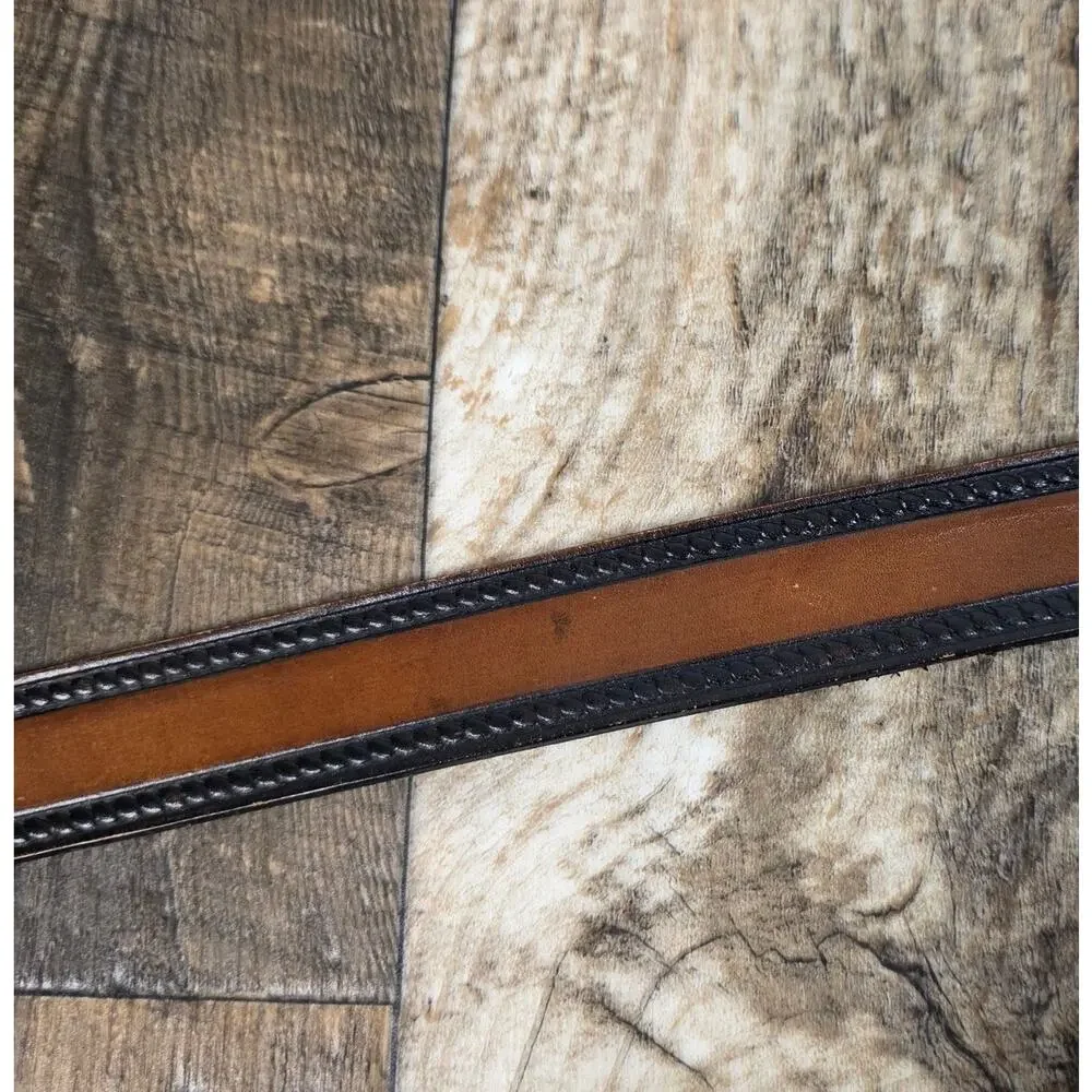 Vintage 80s BTS Leather Belt Brown Black Tooled Western Solid Brass Buckle